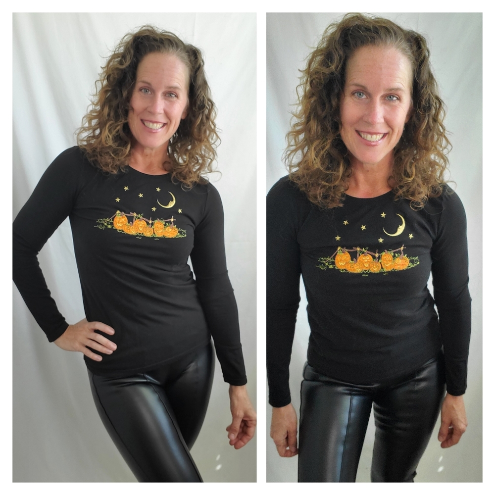 Halloween pumpkin embroidered long sleeve black tee